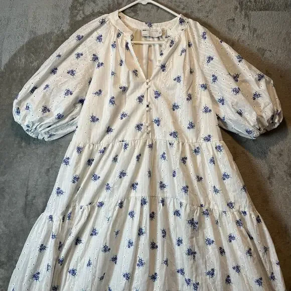 ASOS EDITION Puff Sleeve Midi Dress Ditsy Floral Embroidered White Blue‎ Size 8